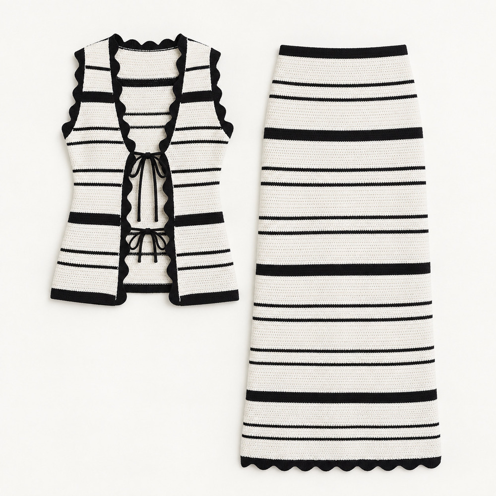 BLITHE Black Ivory Striped Knit Tie Front Top Maxi Skirt Set Vacation NWT